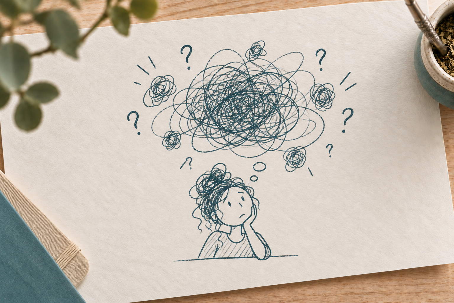 Pensamientos intrusivos, dudas y sobrepensamiento representados como un bucle mental